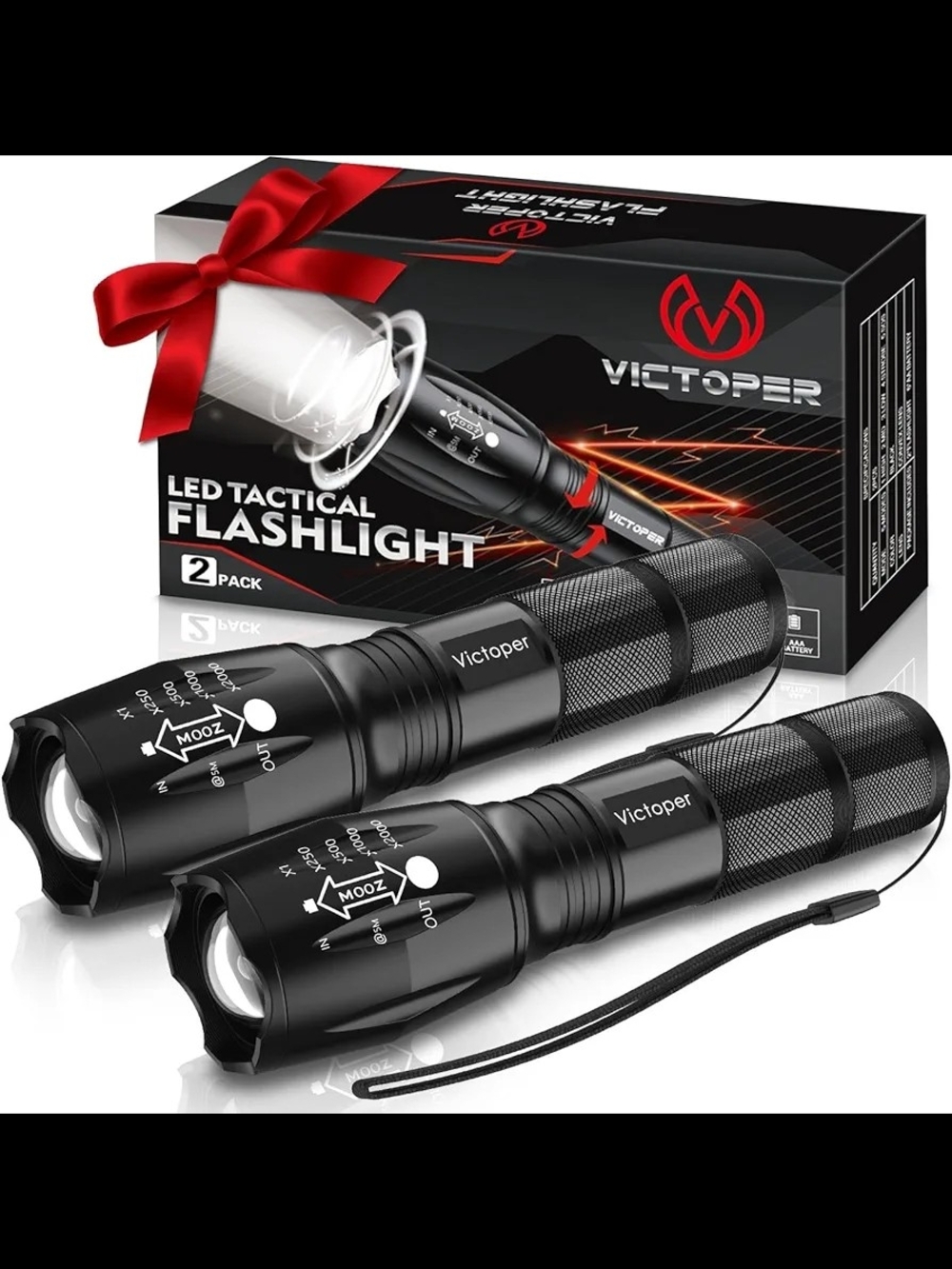 Victoper LED Tactical Flashlight - Black (2 Pack)